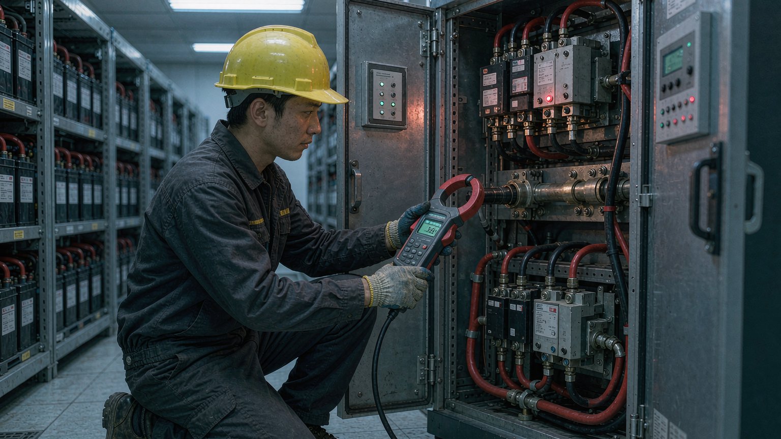 运维工程师佩戴安全帽在机房用钳形电流表测量工业UPS与电池柜之间的动力电缆，柜内接线端子与电池组整齐排布，展示UPS故障报警排查与现场测量场景